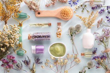 Bio herbal homeopathic medicine spa cosmetic arrangement, handmade cosmetic.