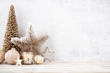 Christmas gold stars. Christmas decoration. Background on the gray color.