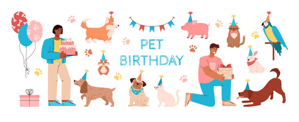 Set about pet birthday with people, gifts, decorations and cake flat style