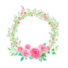 小さい蔓薔薇と大きいバラの丸い装飾フレーム。水彩イラスト（透過背景）
