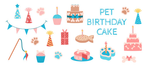 Set of decorative elements for pet birthday party flat style