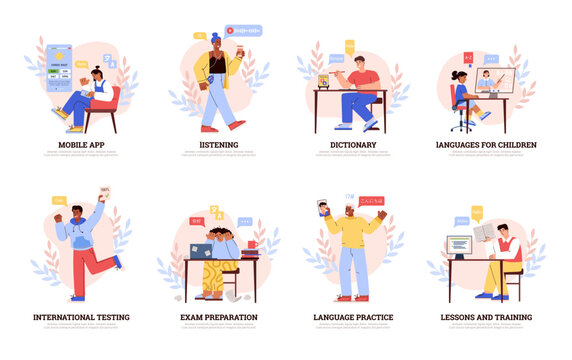 Languages learning icons, people studying online, preparing for exams - flat vector illustration on white.