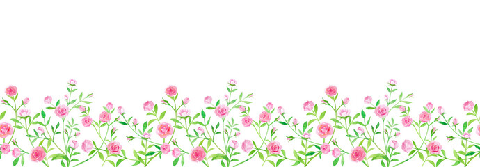 小さいバラの水彩イラスト、フレーム装飾のためのシームレスパターン（透過背景）