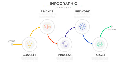 Five steps connect infographic elements concept design vector with icons. Business workflow network project template for presentation and report.