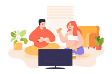 Pregnant wife and her husband sitting and watching TV. Happy couple sitting on floor at home, talking, spending time together flat vector illustration. Family, parenthood, togetherness concept