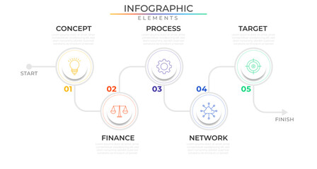 Timeline five process infographic elements concept design vector with icons. Business workflow network project template for presentation and report.