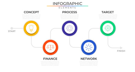 Connect business infographic elements concept design vector with icons. Five steps workflow network project template for presentation and report.