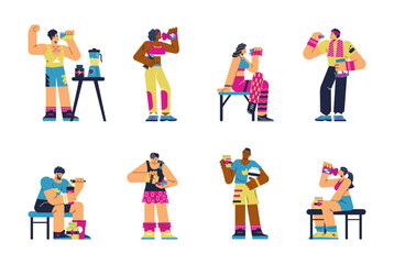 Fototapeta premium Athletes keeping fit with sports nutrition, flat vector illustration isolated.