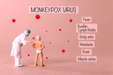 Miniature people Child with monkeypox. The boy is sick. Rash on the skin. Painful infectious papules