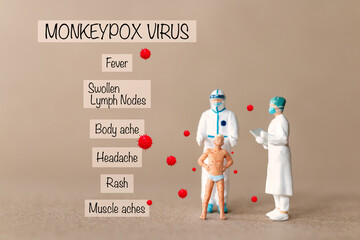 Miniature people Child with monkeypox. The boy is sick. Rash on the skin. Painful infectious papules