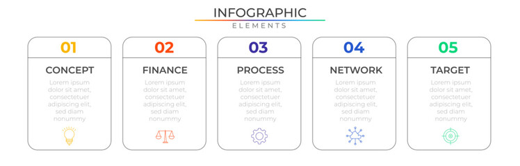 Rectangle thin line infographic elements concept design vector with icons. Business workflow network project template for presentation and report.