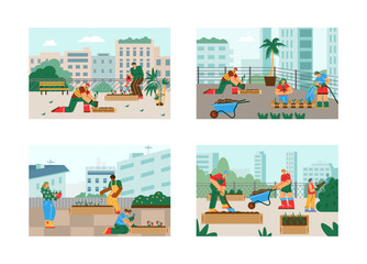 Community garden scenes set, people voluntarily planting trees on the roof, flat vector illustration.