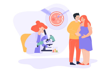 Couple after in vitro fertilization flat vector illustration. Husband hugging pregnant wife. Doctor fertilizing cell in lab. Infertility, IVF, artificial insemination, pregnancy, embryology concept