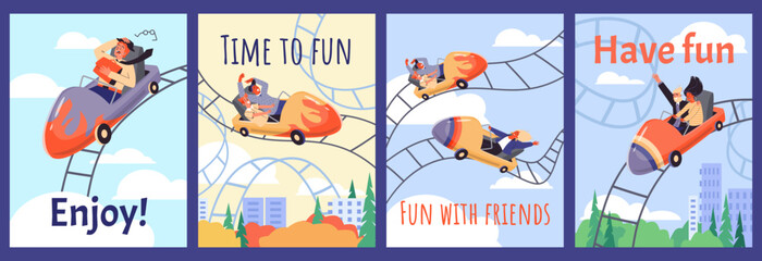 People riding rollercoaster in amusement park, posters template - flat vector illustration.