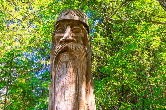 Slavic pagan idol in a green coniferous forest in summer. A wooden statue, an image of a Slavic god. An attribute of religious rites. Wood carving. An old cracked wooden sculpture.