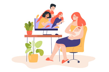People on computer screen blaming young mother. Mom with newborn baby receiving negative comments and messages on internet flat vector illustration. Motherhood, bullying, stress, society concept