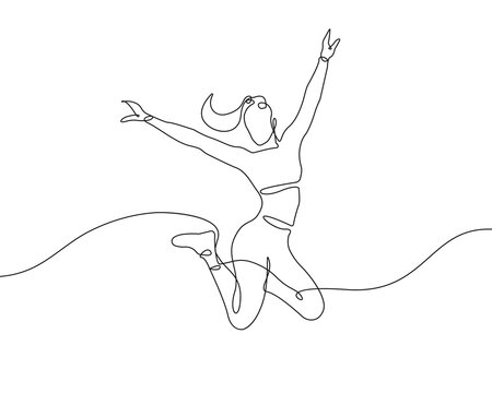 Happy Woman Continuous Line Drawing. Jumping Woman One Line Abstract Illustration. Vector EPS 10