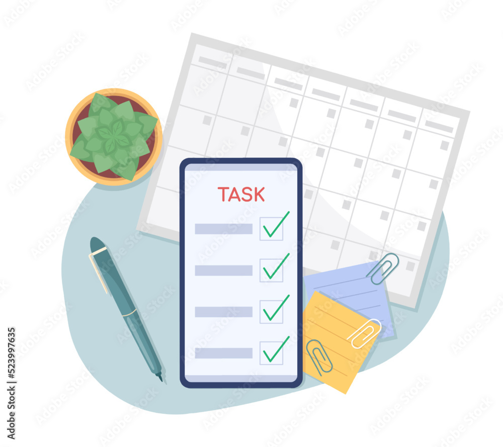 Poster task control mobile app 2d vector isolated illustration. business planning flat objects on cartoon b