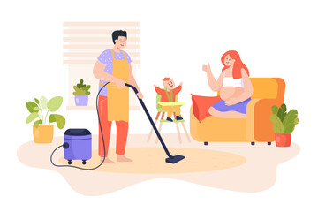 Dad cleaning house while pregnant wife playing with kid. Father vacuuming, expecting mother sitting on couch and talking with little son flat vector illustration. Family, housework, help concept