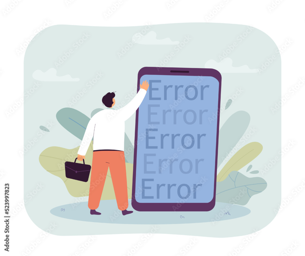 Poster office worker in front of huge phone with word error on screen. man having problems with software fl