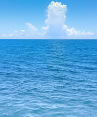 The front view in the morning sky is bright blue with clear white clouds and wide indigo sea during...