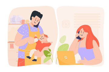 Husband talking on phone with wife and taking care of newborn. Father having paternity leave while mother working in office flat vector illustration. Parenthood, family, childcare concept