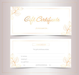 Gift voucher for beauty salon, shop, spa with hand-drawn tree leaves. White and gold elegant gift certificate. Fully editable.