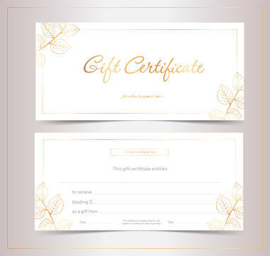 Gift Voucher For Beauty Salon, Shop, Spa With Hand-drawn Tree Leaves. White And Gold Elegant Gift Certificate. Fully Editable.