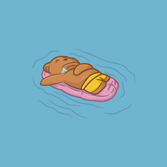 Illustration of cute brown bear sleeping on the pond with purple balloons