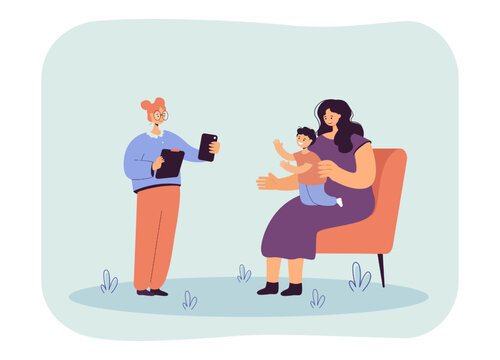 Girl taking photo of mother sitting on chair with son. Woman and baby at pediatrician appointment flat vector illustration. Motherhood, family, medicine concept for banner or landing web page