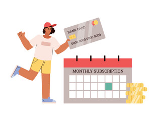 Curly woman in cap holding bank card to pay for monthly subscription flat style