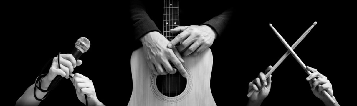 black and white singer, guitarist, drummer hands. music background