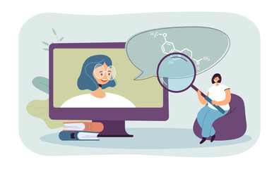 Tiny medical professional watching webinar about melatonin. Female doctor on big computer screen flat vector illustration. Online education, medicine, sleeping disorder concept for banner