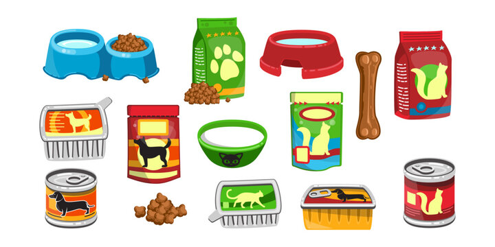 Various pet food cartoon illustration set. Packages of dry and wet canine and feline food. Bowl of milk and water for dog or cat. Pet shop, domestic animal, care concept