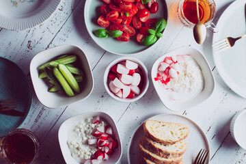 Cottage breakfast in morning lights.