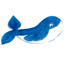 Watercolor of a blue whale on background.