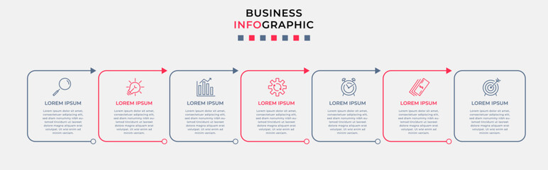 Obraz premium Business Infographic design template Vector with icons and 7 options or steps. Can be used for process diagram, presentations, workflow layout, banner, flow chart, info graph