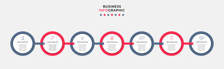 Business Infographic design template Vector with icons and 7 options or steps. Can be used for process diagram, presentations, workflow layout, banner, flow chart, info graph