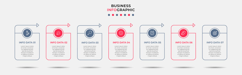 Business Infographic design template Vector with icons and 7 options or steps. Can be used for process diagram, presentations, workflow layout, banner, flow chart, info graph