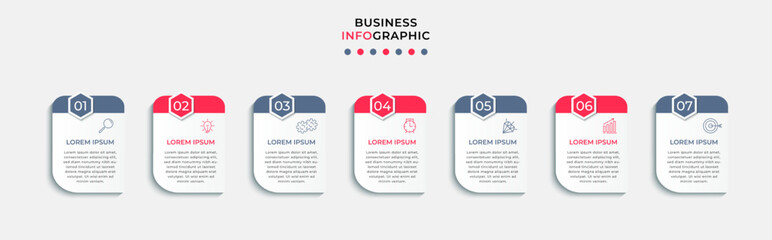 Business Infographic design template Vector with icons and 7 options or steps. Can be used for process diagram, presentations, workflow layout, banner, flow chart, info graph