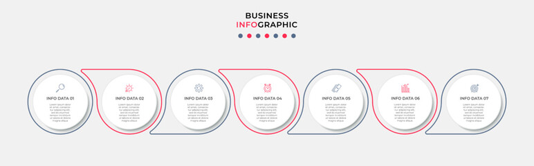 Business Infographic design template Vector with icons and 7 options or steps. Can be used for process diagram, presentations, workflow layout, banner, flow chart, info graph