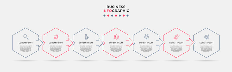 Fototapeta premium Business Infographic design template Vector with icons and 7 options or steps. Can be used for process diagram, presentations, workflow layout, banner, flow chart, info graph