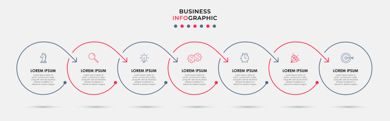 Business Infographic design template Vector with icons and 7 options or steps. Can be used for process diagram, presentations, workflow layout, banner, flow chart, info graph