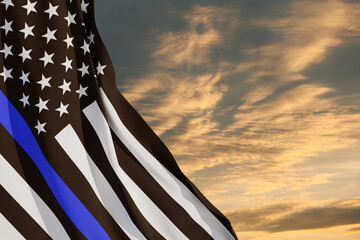 American flag with police support symbol Thin blue line on sunset sky. American police in society...