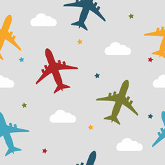 Kids seamless pattern with airplanes, stars and clouds colorful. Grey background. Baby pattern.