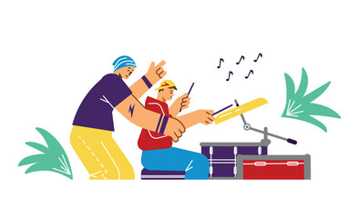 Rock band drummers musicians playing drums flat vector illustration isolated.