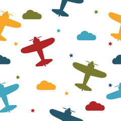 Kids seamless pattern with airplanes, stars and clouds colorful. White background. Baby pattern.
