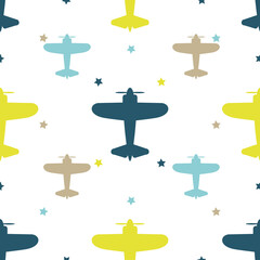 Kids seamless pattern with airplanes colorful. White background. Baby pattern.
