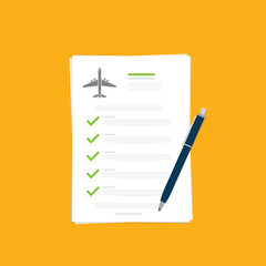 Flight insurance document. Airlines risk safety assurance agreement, checklist. Airplane travel coverage protection.