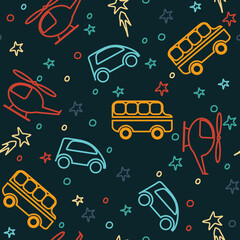 Seamless vector pattern with bus, helicopter, machines and stars. Baby background.